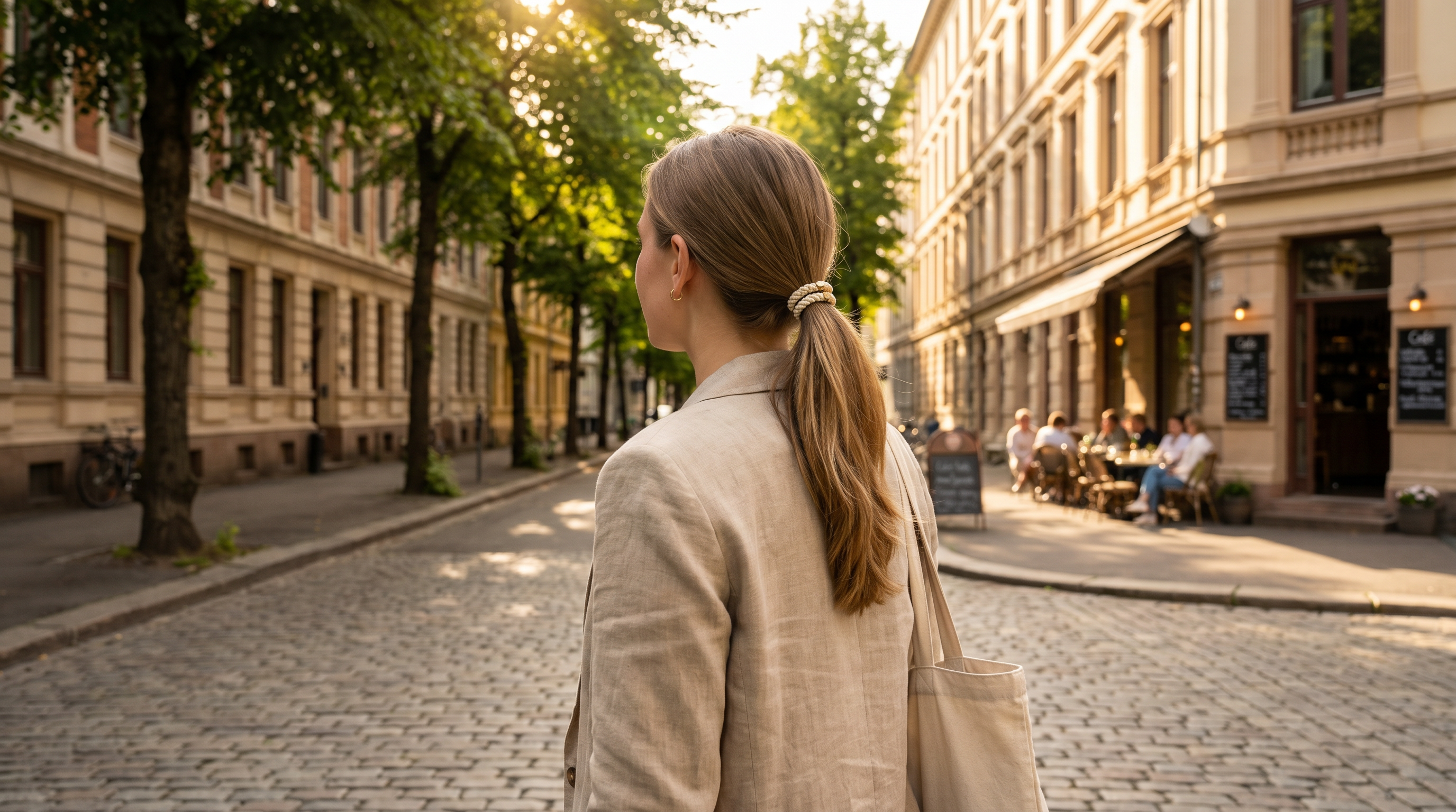 Woman wearing LØKKE hair tie walking in Frogner, Oslo